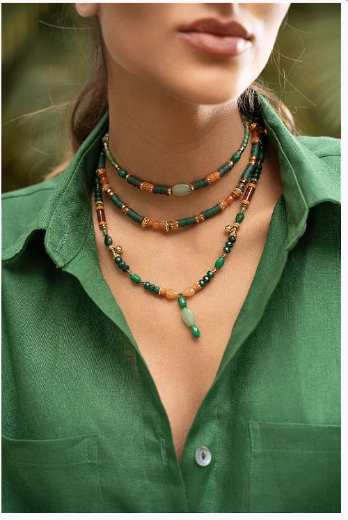 Mix energy necklace - malachite, hematite, Green Quartz, Jade and Brown Agate crystals
